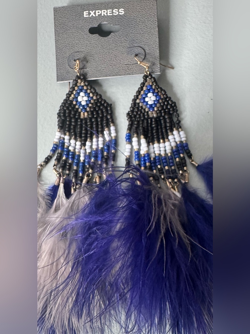Express Blue, Black & Gray Beaded Feather Fringe Earrings Native American boho